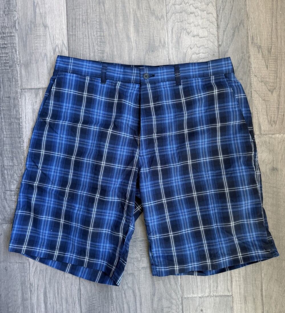 Champion Tour Men’s Size 34 Golf Shorts Blue Plaid Flat Front Performance Casual